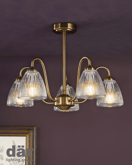 Dar Lighting Glynis 5 Light Antique Bronze & Ribbed Glass Semi Flush