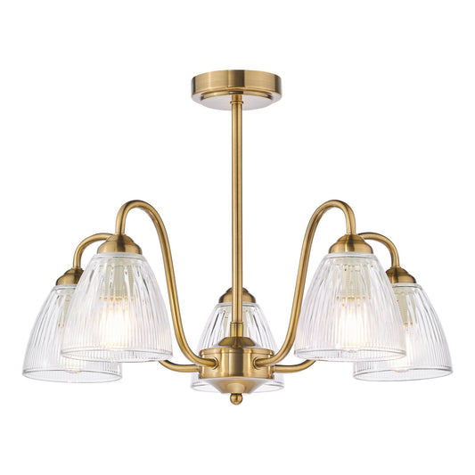 Dar Lighting Glynis 5 Light Antique Bronze & Ribbed Glass Semi Flush
