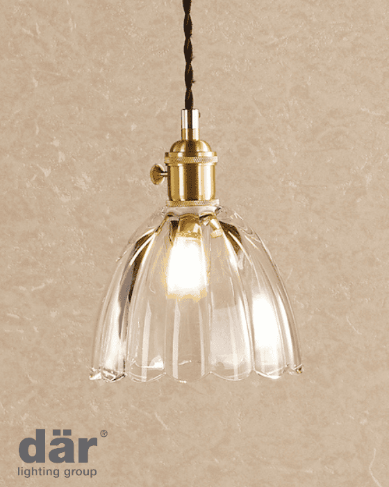 Dar Lighting Hadano Natural Brass & Scalloped Bell Glass Pendant