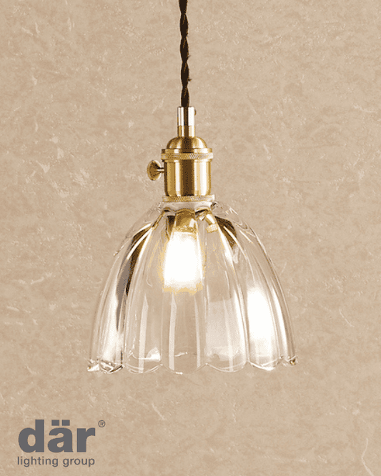 Dar Lighting Hadano Natural Brass & Scalloped Bell Glass Pendant