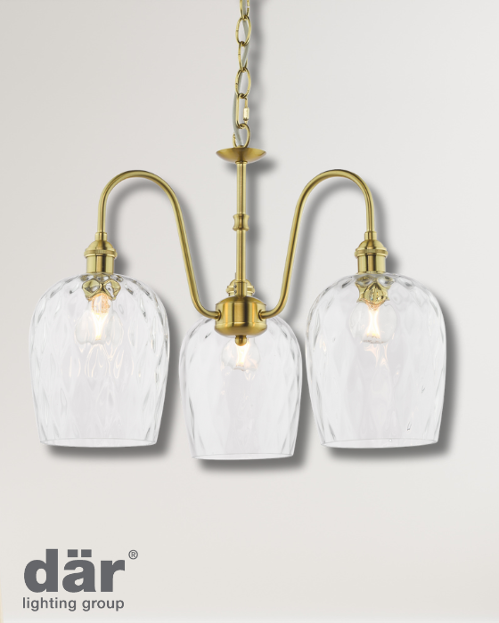 Dar Lighting Hadano 3 Light Natural Brass & Glass Pendant