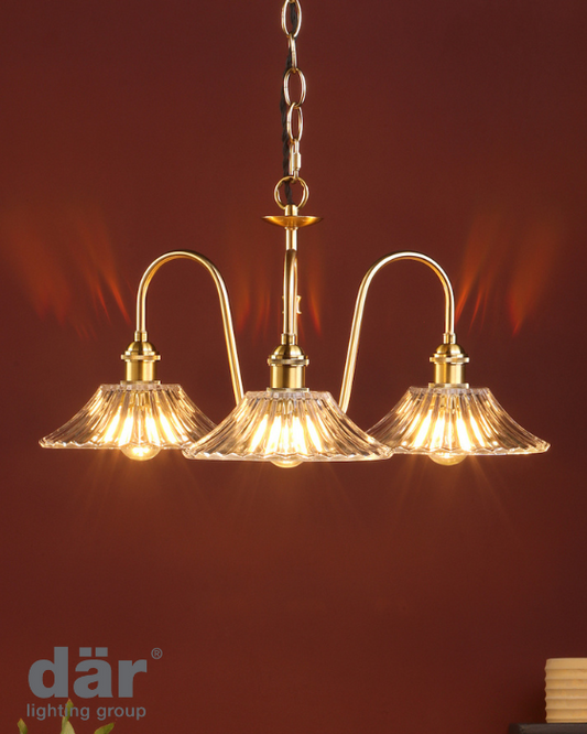 Dar Lighting Hadano 3 Light Natural Brass & Glass Pendant