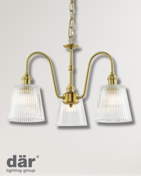 Dar Lighting Hadano 3 Light Natural Brass & Ribbed Glass Pendant