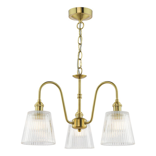Dar Lighting Hadano 3 Light Natural Brass & Ribbed Glass Pendant