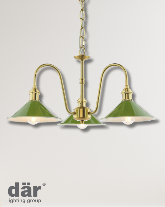 Dar Lighting Hadano 3 Light Natural Brass & Matt Green Pendant