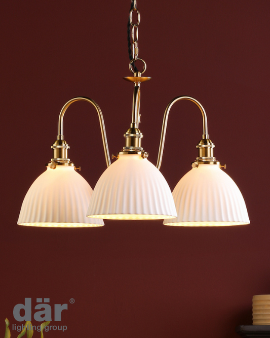 Dar Lighting Hadano 3 Light Natural Brass & White Pendant