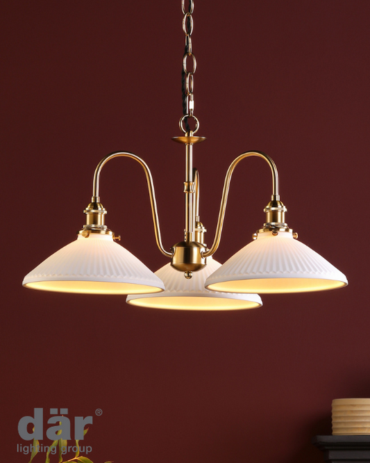 Dar Lighting Hadano 3 Light Natural Brass & White Pendant