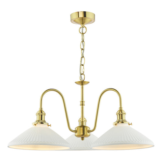 Dar Lighting Hadano 3 Light Natural Brass & White Pendant