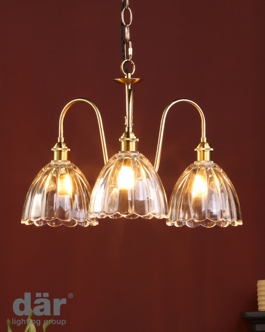 Dar Lighting Hadano 3 Light Natural Brass & Glass Pendant