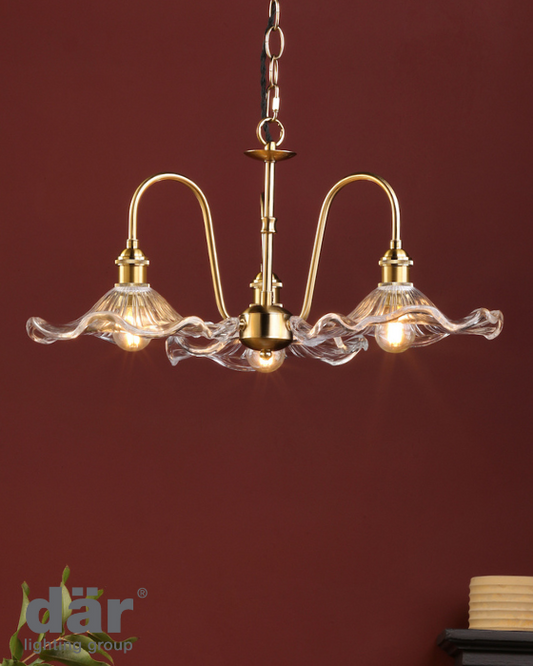 Dar Lighting Hadano 3 Light Natural Brass & Glass Pendant
