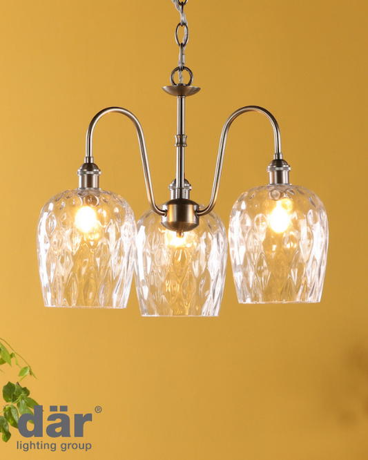 Dar Lighting Hadano 3 Light Antique Chrome & Glass Pendant