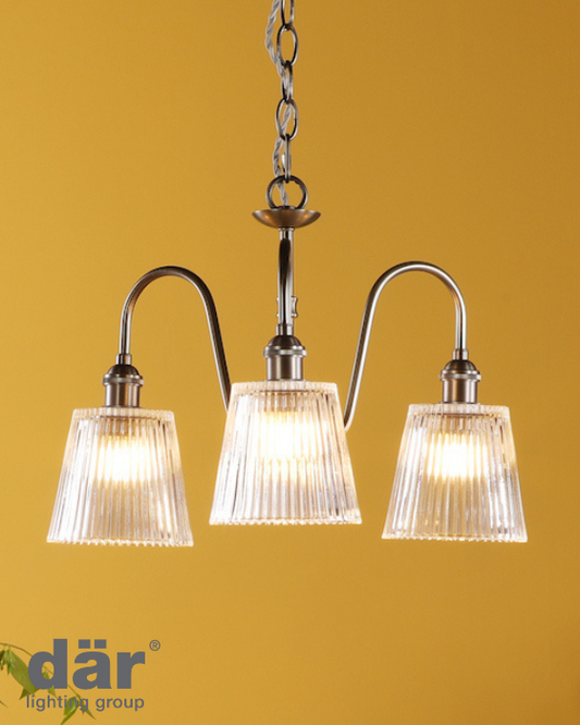 Dar Lighting Hadano 3 Light Antique Chrome & Ribbed Glass Pendant