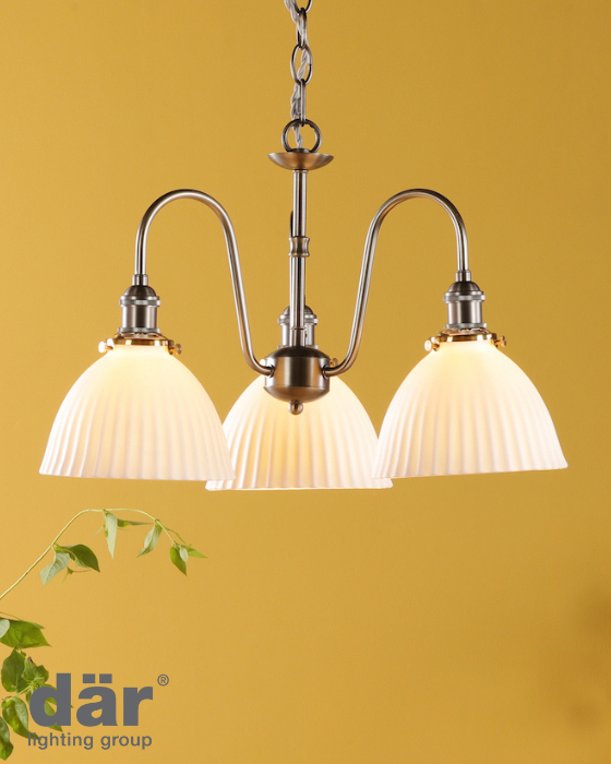 Dar Lighting Hadano 3 Light Antique Chrome & White Ceramic Pendant