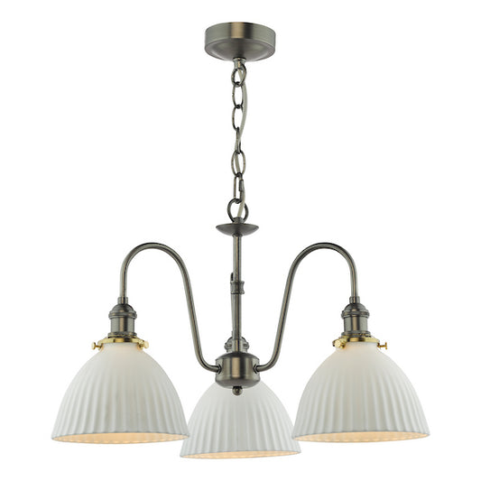 Dar Lighting Hadano 3 Light Antique Chrome & White Ceramic Pendant