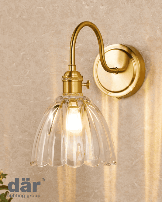 Dar Lighting Hadano Natural Brass & Scalloped Bell Glass Wall Light