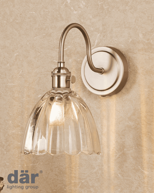 Dar Lighting Hadano Antique Chrome & Scalloped Bell Glass Wall Light