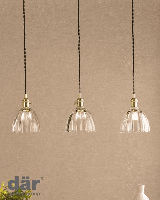 Dar Lighting Hadano 3 Light Natural Brass & Scalloped Bell Glass Bar Pendant