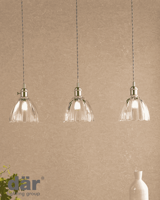 Dar Lighting Hadano 3 Light Antique Chrome & Scalloped Bell Glass Bar Pendant