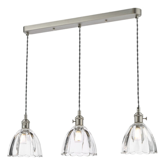 Dar Lighting Hadano 3 Light Antique Chrome & Scalloped Bell Glass Bar Pendant