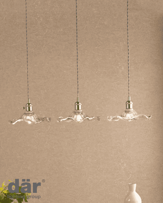 Dar Lighting Hadano 3 Light Antique Chrome & Wavy Glass Bar Pendant