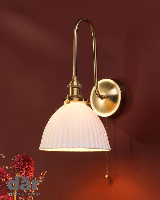 Dar Lighting Hadano Natural Brass & White Ceramic Wall Light