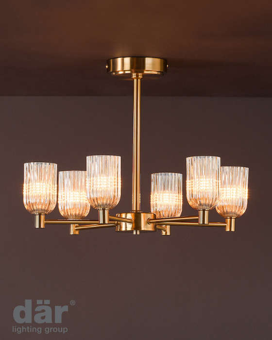 Dar Lighting Hilaria 6 Light Antique Gold & Amber Ribbed Glass Semi-Flush