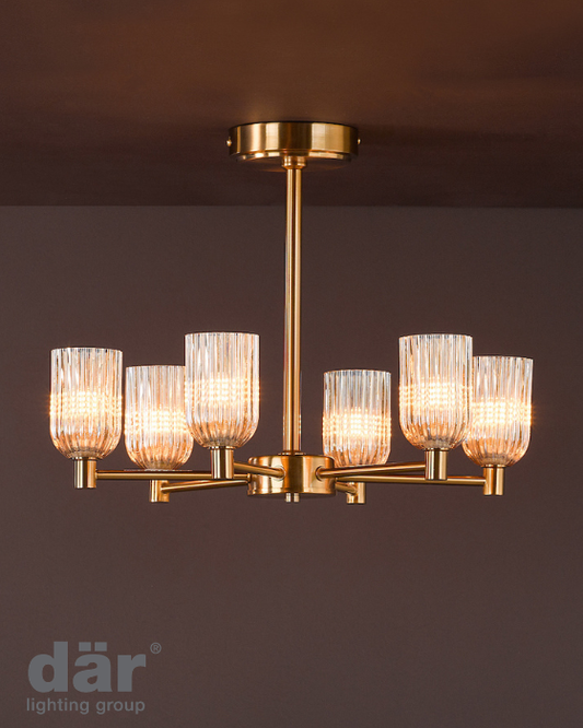 Dar Lighting Hilaria 6 Light Antique Gold & Amber Ribbed Glass Semi-Flush