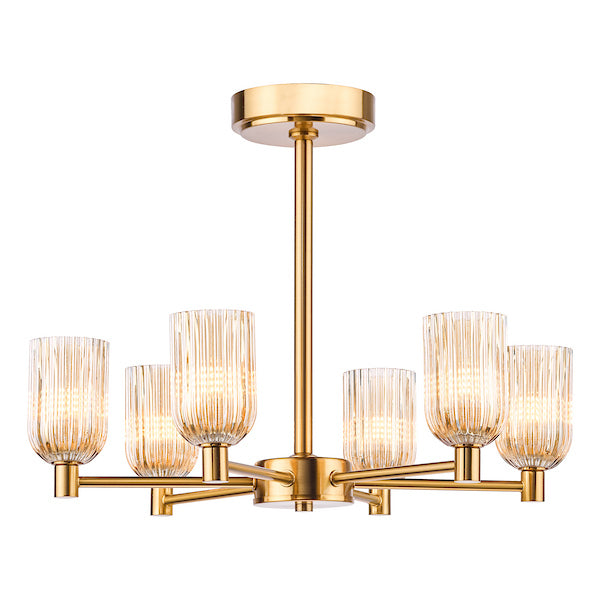 Dar Lighting Hilaria 6 Light Antique Gold & Amber Ribbed Glass Semi-Flush