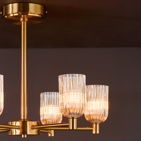 Dar Lighting Hilaria 6 Light Antique Gold & Amber Ribbed Glass Semi-Flush