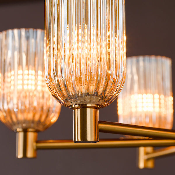 Dar Lighting Hilaria 6 Light Antique Gold & Amber Ribbed Glass Semi-Flush
