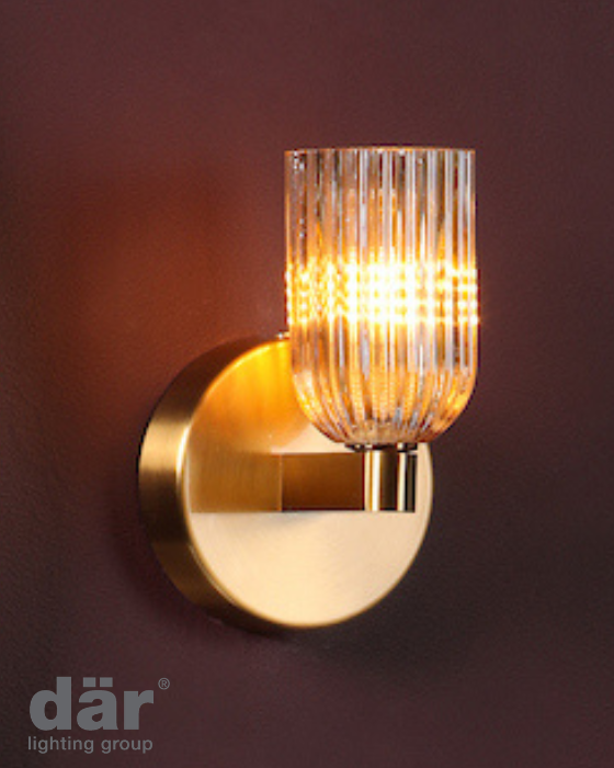 Dar Lighting Hilaria Bathroom IP44 Antique Gold & Amber Ribbed Glass Wall Light