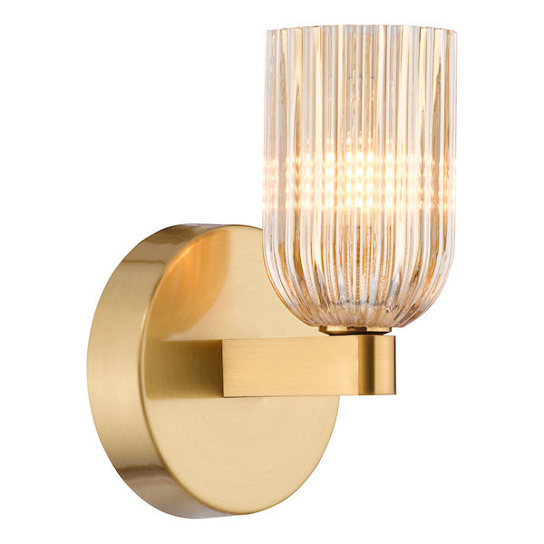 Dar Lighting Hilaria Bathroom IP44 Antique Gold & Amber Ribbed Glass Wall Light
