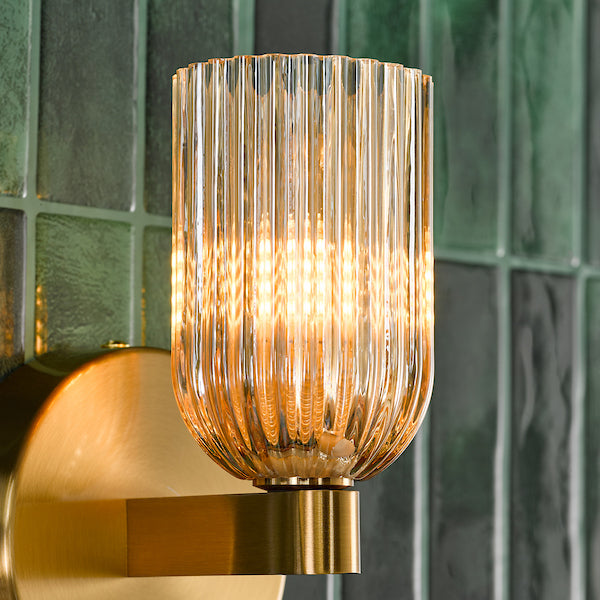 Dar Lighting Hilaria Bathroom IP44 Antique Gold & Amber Ribbed Glass Wall Light