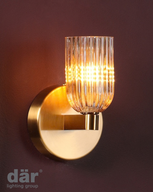 Dar Lighting Hilaria Bathroom IP44 Antique Gold & Amber Ribbed Glass Wall Light