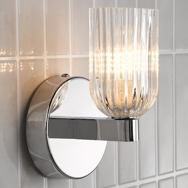 Dar Lighting Hilaria Bathroom IP44 Polished Chrome & Ribbed Glass Wall Light