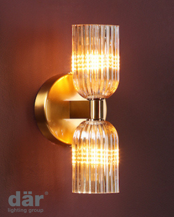 Hilaria 2 Light Bathroom IP44 Antique Gold & Amber Ribbed Glass Wall Light