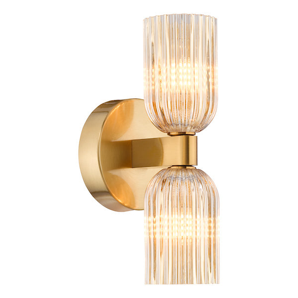 Hilaria 2 Light Bathroom IP44 Antique Gold & Amber Ribbed Glass Wall Light