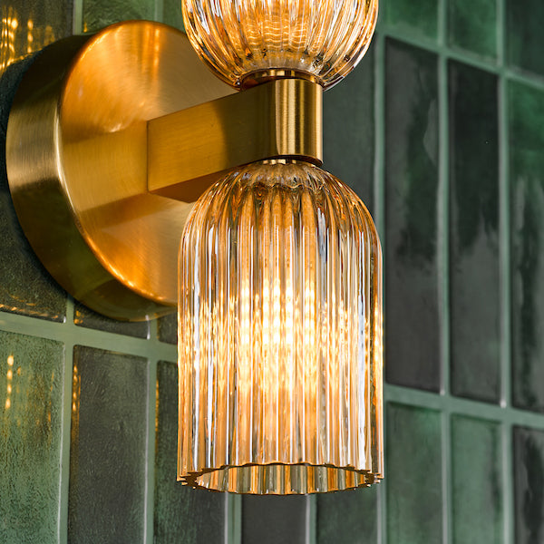 Hilaria 2 Light Bathroom IP44 Antique Gold & Amber Ribbed Glass Wall Light