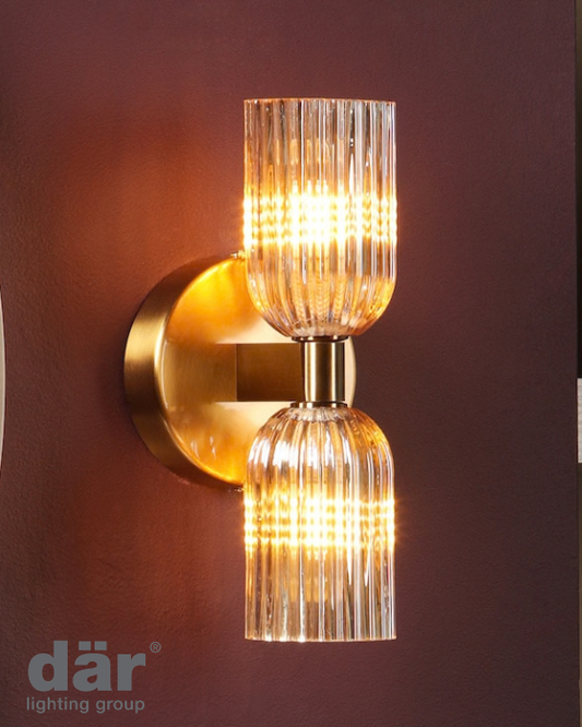 Hilaria 2 Light Bathroom IP44 Antique Gold & Amber Ribbed Glass Wall Light