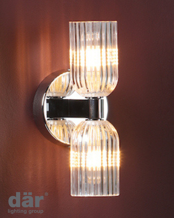 Dar Lighting Hilaria 2 Light Bathroom IP44 Polished Chrome & Ribbed Glass Wall Light