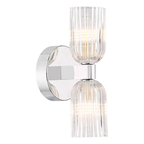 Dar Lighting Hilaria 2 Light Bathroom IP44 Polished Chrome & Ribbed Glass Wall Light