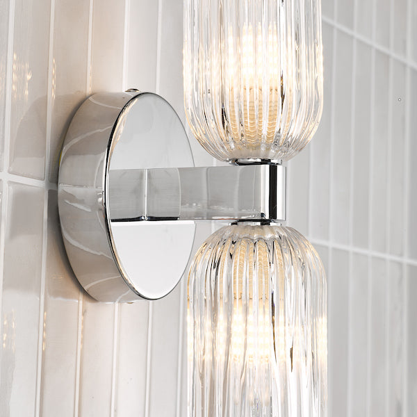 Dar Lighting Hilaria 2 Light Bathroom IP44 Polished Chrome & Ribbed Glass Wall Light