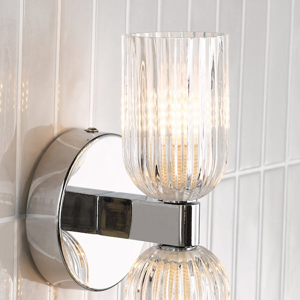 Dar Lighting Hilaria 2 Light Bathroom IP44 Polished Chrome & Ribbed Glass Wall Light