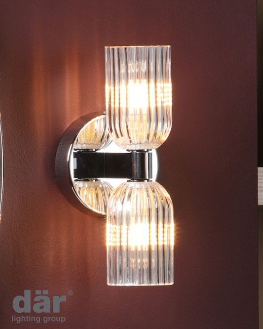 Dar Lighting Hilaria 2 Light Bathroom IP44 Polished Chrome & Ribbed Glass Wall Light