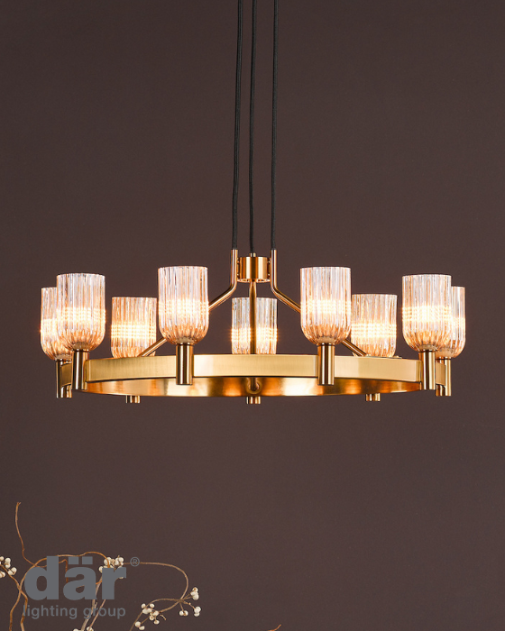 Dar Lighting Hilaria 9 Light Antique Gold & Amber Ribbed Glass Pendant
