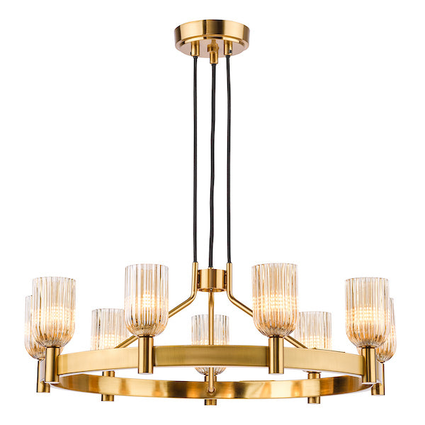 Dar Lighting Hilaria 9 Light Antique Gold & Amber Ribbed Glass Pendant