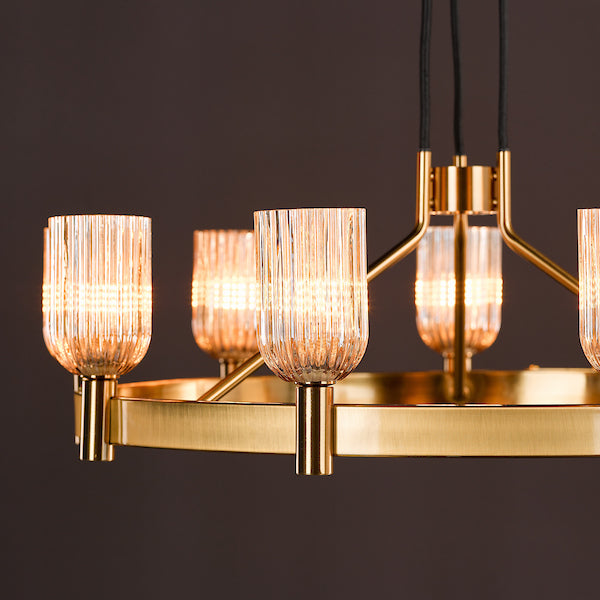 Dar Lighting Hilaria 9 Light Antique Gold & Amber Ribbed Glass Pendant