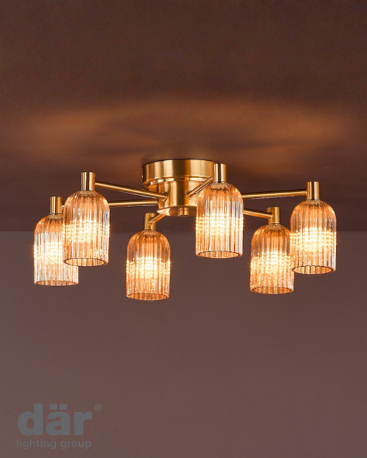 Dar Lighting Hilaria 6 Light Antique Gold & Amber Ribbed Glass Flush