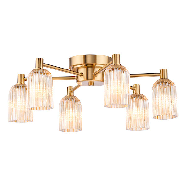 Dar Lighting Hilaria 6 Light Antique Gold & Amber Ribbed Glass Flush