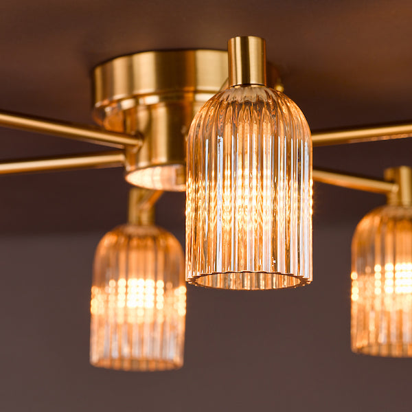 Dar Lighting Hilaria 6 Light Antique Gold & Amber Ribbed Glass Flush